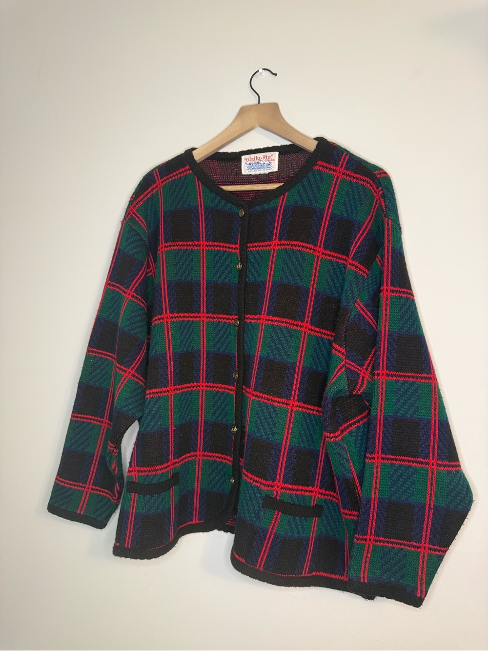 Vintage Tally-Ho Plaid Knit Cardigan Sweater - Red Green Black XL / 1X Pristine